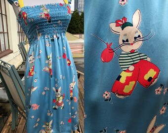 Silk Satin voom by joy haan retro novelty print cartoon bunny rabbit cami spaghetti strap Blue Smocked Gown Slip Dress 90s 1990s Vintage S
