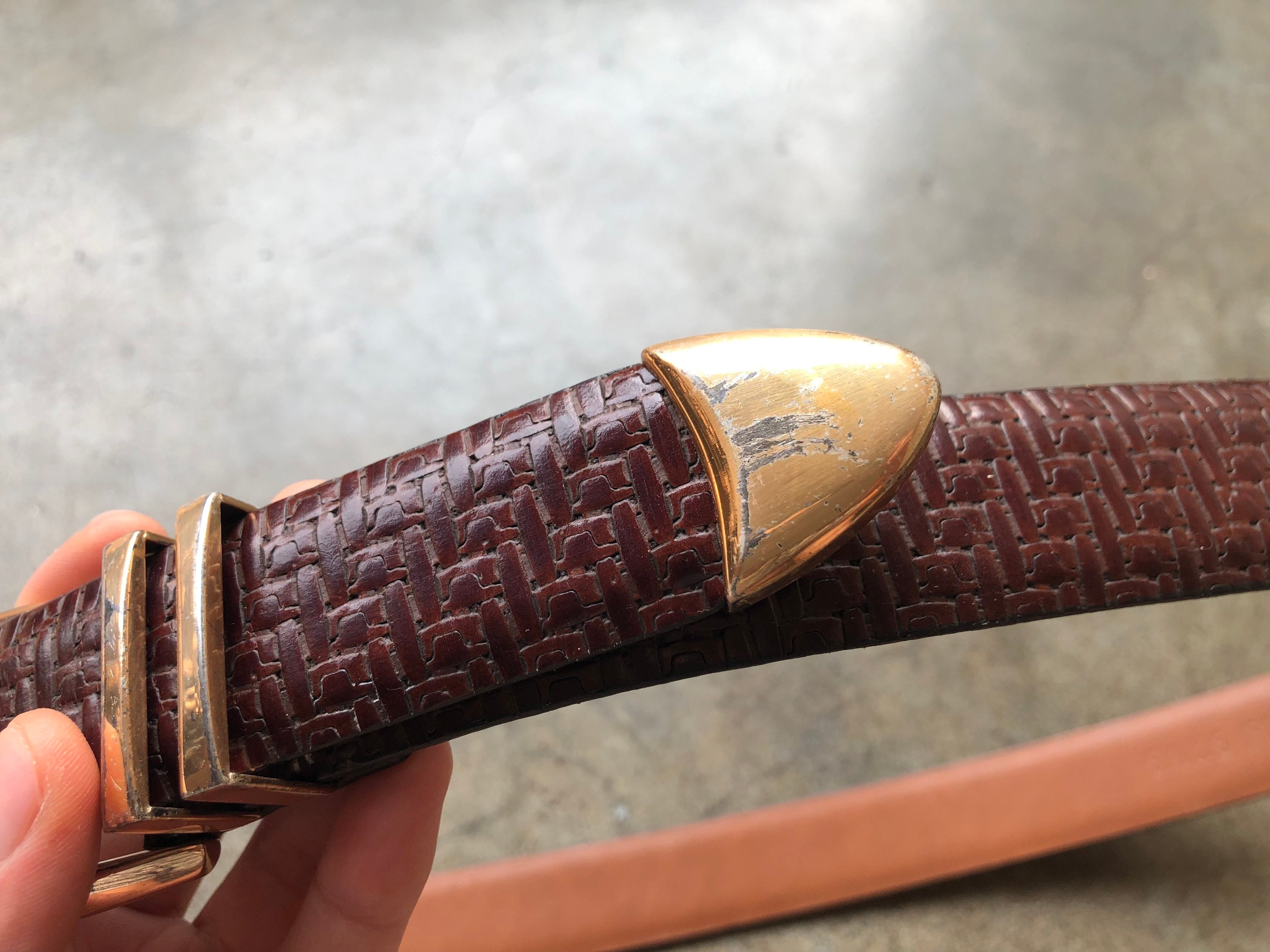 Saks Fifth Ave Brown Leather Belt Embossed Tooled Woven  display picture 3
