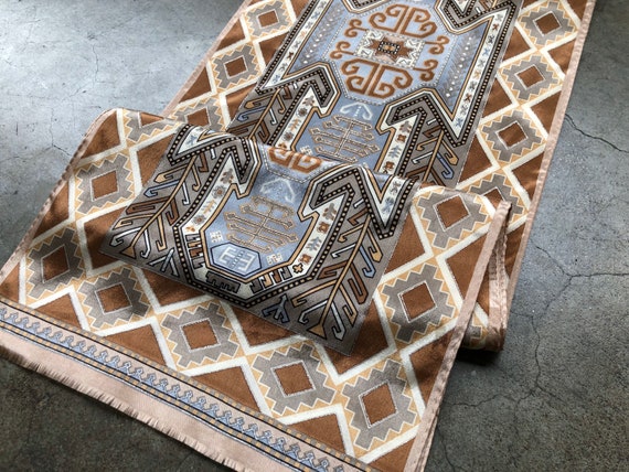 90s Silk Geometric Turkish Rug Print Boho Long La… - image 1