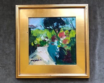 JOSE TRUJILLO Original Ölgemälde Plein Air Landschaft Baumweg 12x12 Goldgerahmte signiert Impressionist Lime Grün Blau Teal Coral Natur