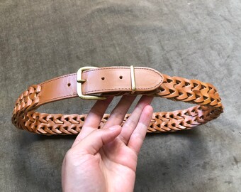 Vintage Tan Brown Silver Chainlink Genuine Leather Statement Belt Retro Brown Leather Chain Belts for Women for sale | eBay main image 2