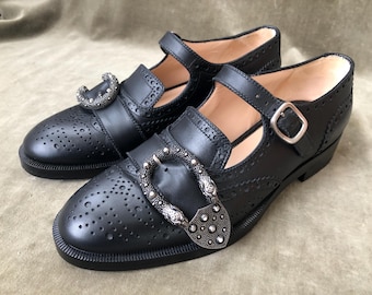 Auth GUCCI Dionysus Mary Jane Chunky Buckle Shoes Iowa Brogues Black Leather Size 37 US 7 Womens MaryJane Italy Gucci Bee Logo Like New NIB