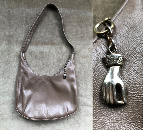 60s 70s Perfect Little Taupe Leather Retro Rounded Zip Top Bag