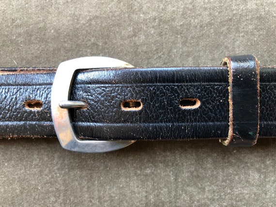 50s 60s Skinny Retro Black Leather Belt Steel Sil… - image 1