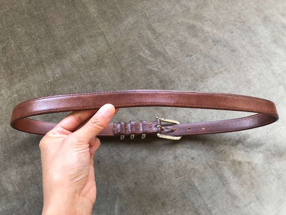 Skinny Aged Brown Leather Western Belt Silver Ton… - image 8