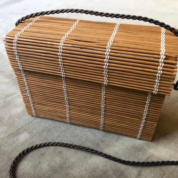 Handmade Wooden Bamboo Sushi Rolling Mat Repurposed Novelty Box Purse Shoulder Bag Wood Japan Japanese Recycled Asian Handbag Vintage 1980s
