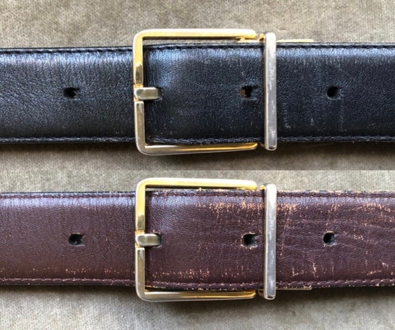 60s 70s Retro Black Brown Reversible Leather Trouser Belt L  display picture 2