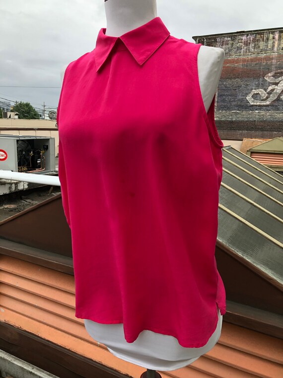 Vintage Silk 80s Hot Pink Magenta Boxy Collared T… - image 3