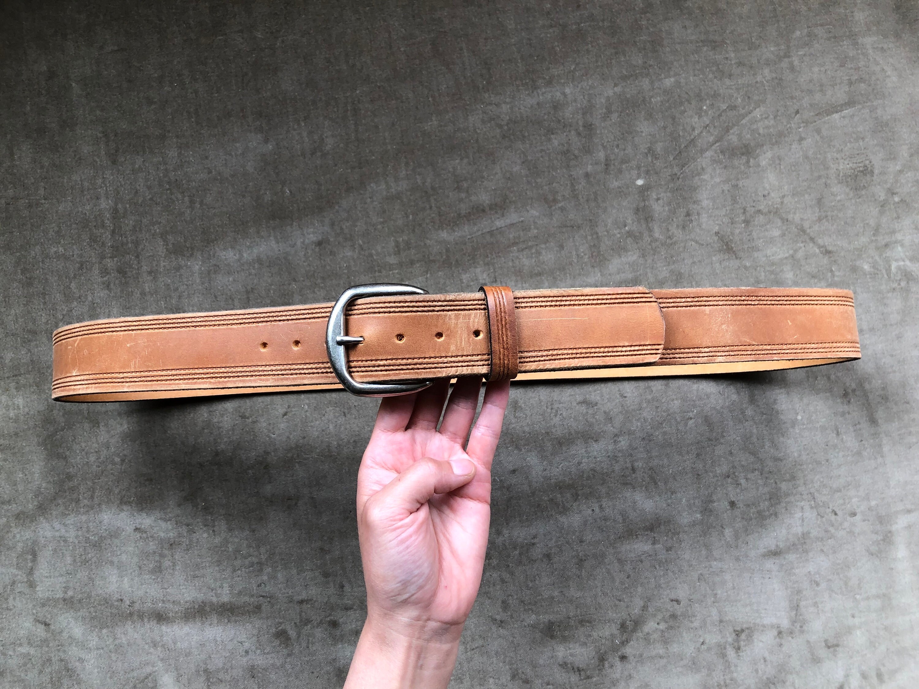 Rustic Brown Tan Thick Leather Belt Vintage 1990s 90s Tooled