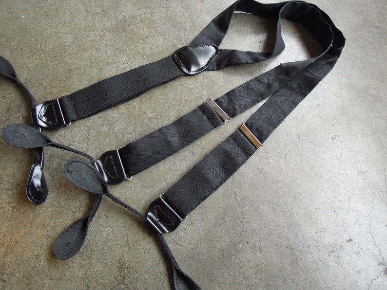 Vintage Pure Silk Black Satin Woven Patent Leather Braces Suspenders Silver Toned Hardware Fany Event Black Tie Event Suspenders 90s 1990s