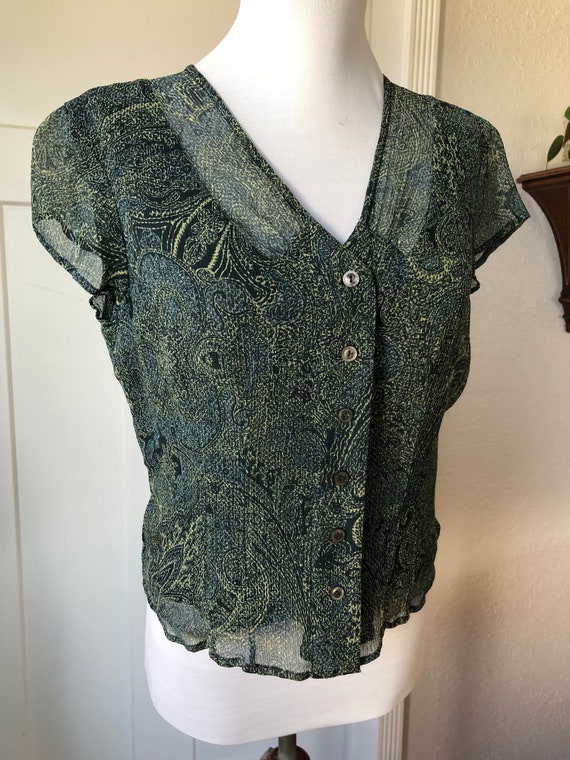 Silk Crinkle Sheer Chiffon Dark Green Paisley Flo… - image 2