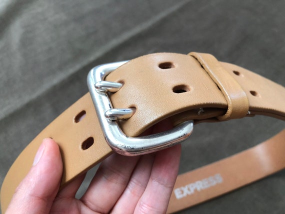 90s Tan Thick Leather Wide Heavy Duty Belt S M bo… - image 6