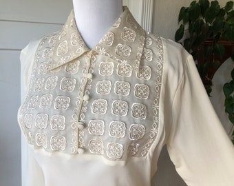 Sheer Yoke Silk Voile Floral Embroidered Boho Peasant Gunnesax 1970s 70s Blouse Vintage y2k 1990s S M Shirt Top 90s Ivory Cream Retro Chiffo