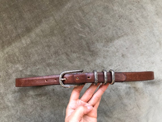 Skinny Aged Brown Leather Western Belt Silver Ton… - image 5