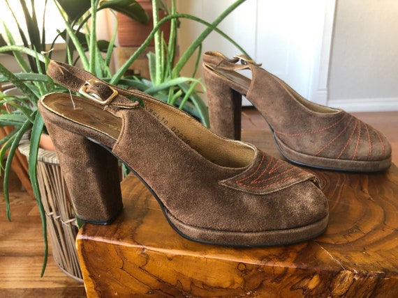 70s Brown Suede Leather Peeptoe Platform Sandals … - image 5