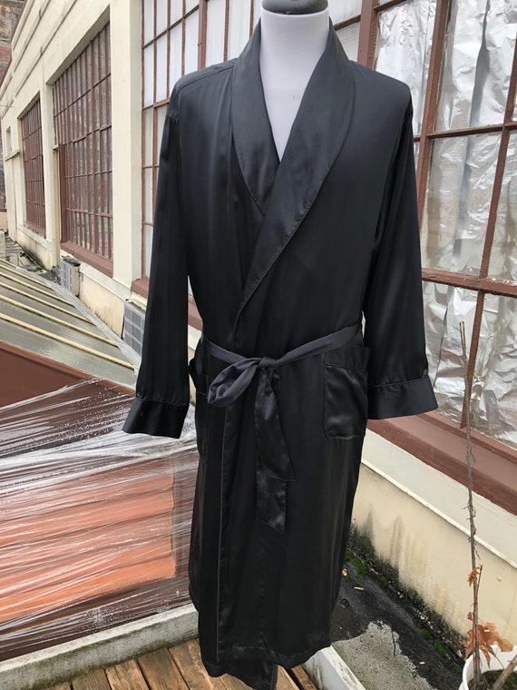 Men’s Silk Satin Solid Black Long Robe Belted Jac… - image 5