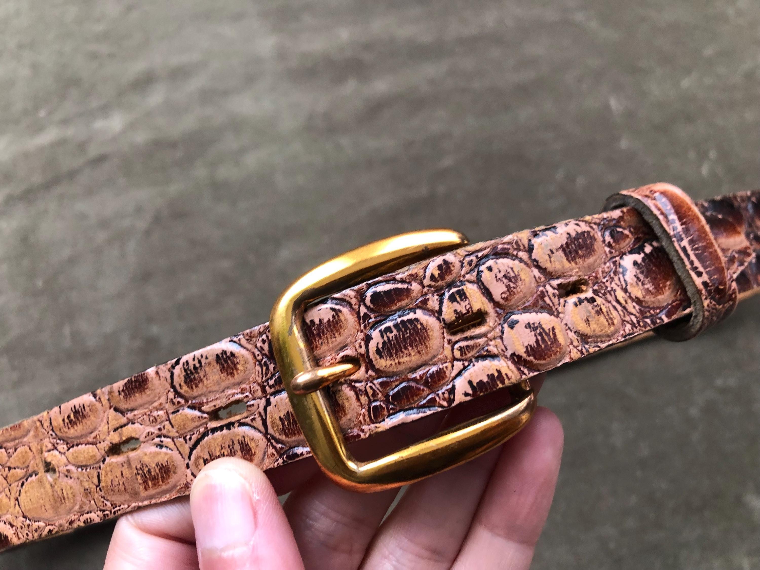1940s 50s Tan Brown Alligator Croc Embossed Leather Belt Skinny