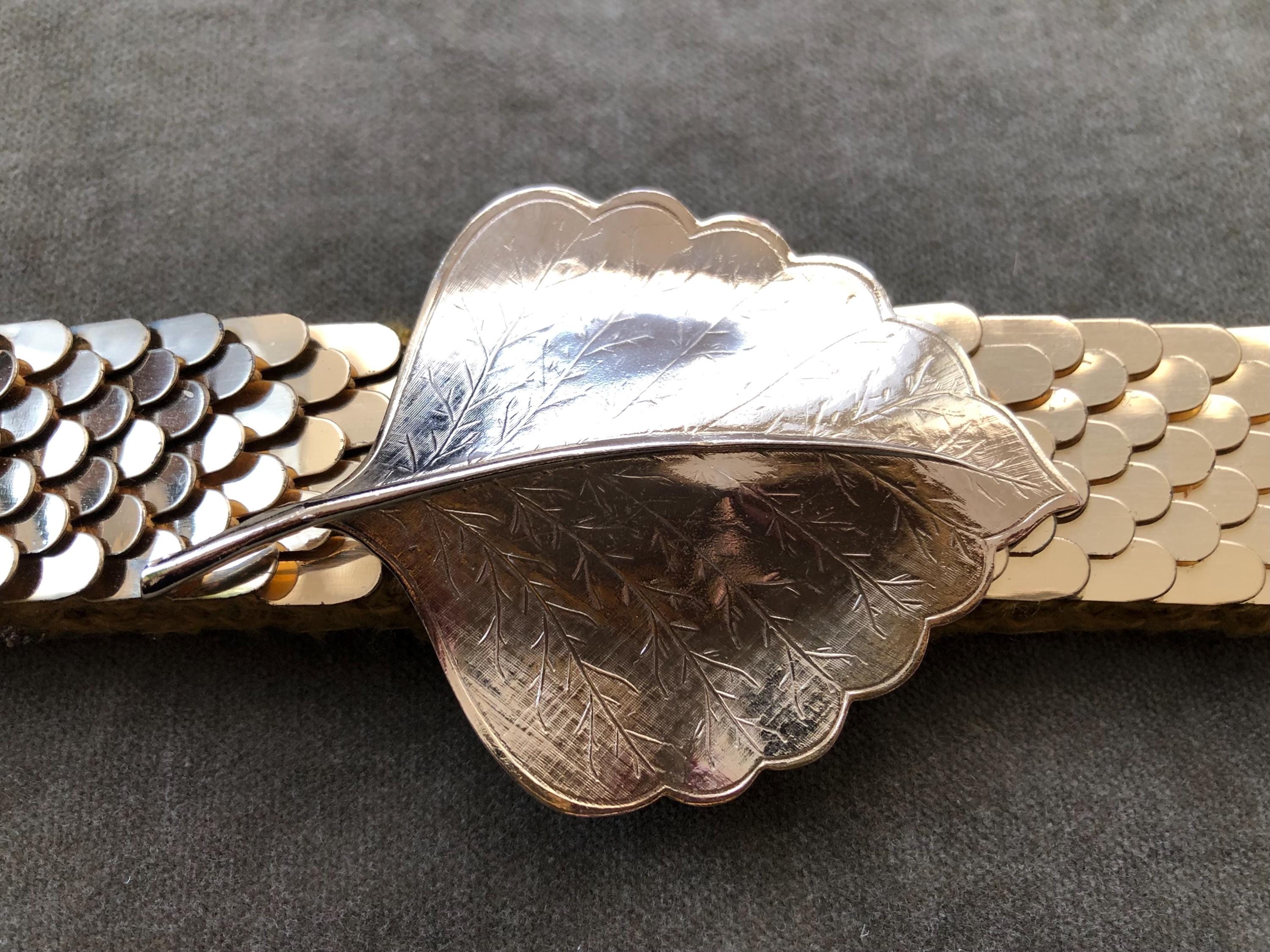 1970s Gold Metal Fish Scale Leaf Buckle Stretch Belt Disco  display picture 2
