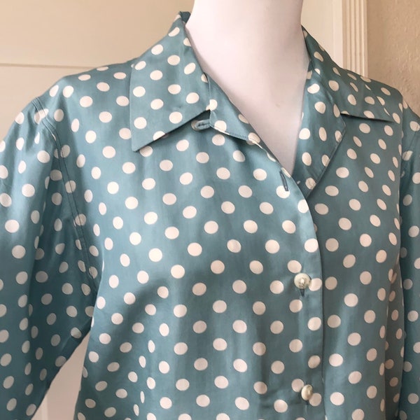 90s Silk Button Up Boxy Oxford Blouse Top Light Blue Gray Ivory Polka Dot Polkadot Collared Long Crop Sleeve Shirt Size S M 1990s Vintage