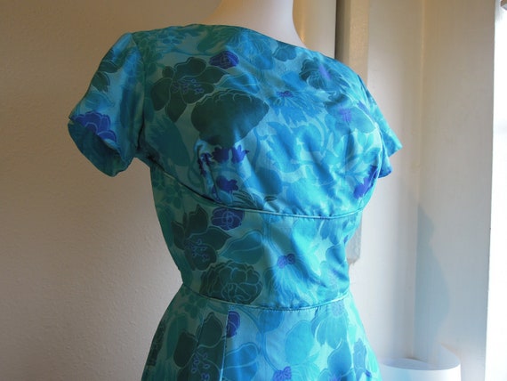 Vintage 50s 60s Silk turquoise vivid blue floral … - image 6