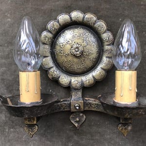1920s Antique Arts & Crafts Electric Wall Mount Sconce Double Light Fixture Cast Iron Bronze Mission Gothic Rustic Hammered Zinnia Floral