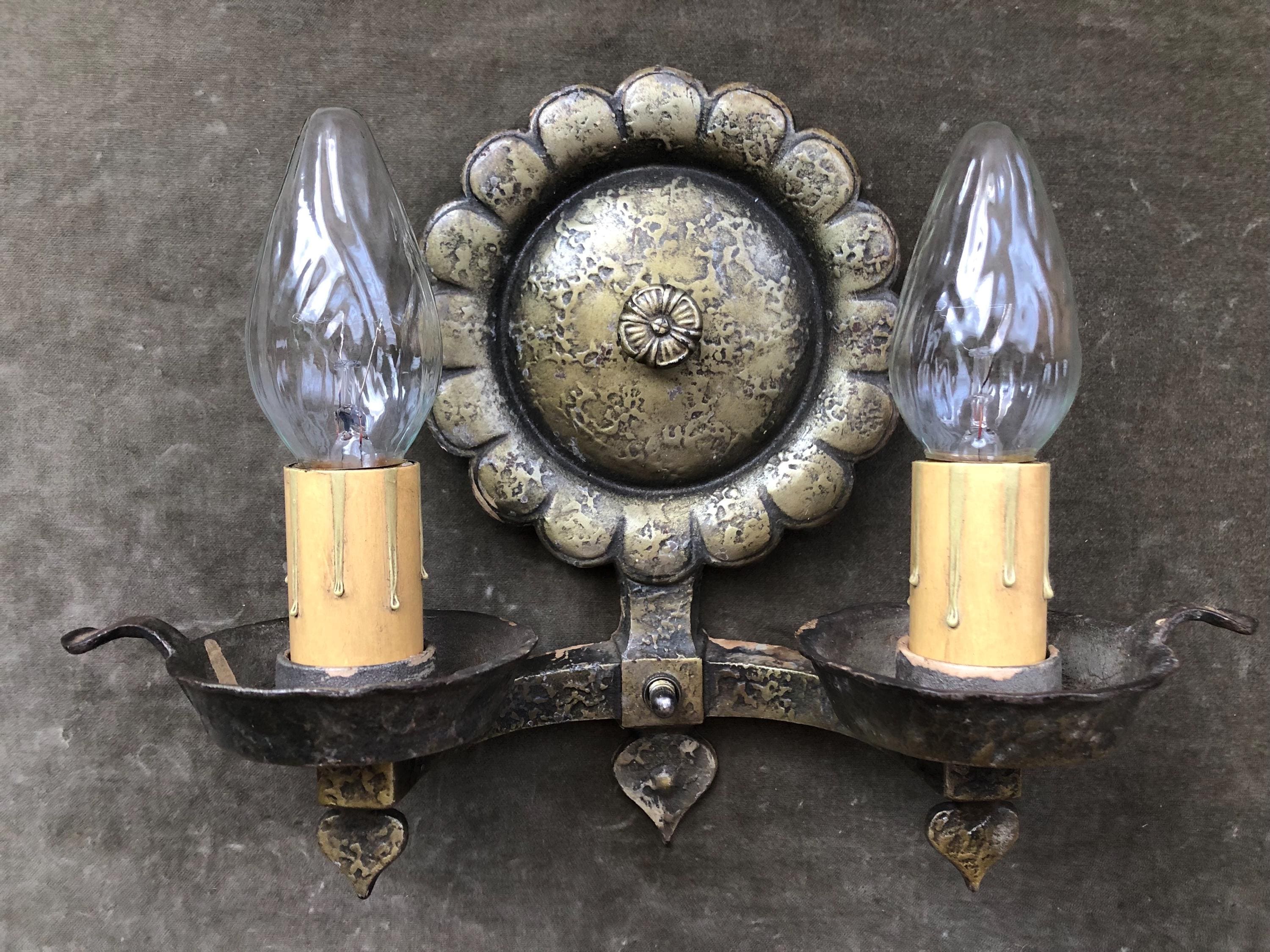 金属工芸3点セット アンティーク 1920s Antique Arts & Crafts Electric Wall Mount Sconce Double