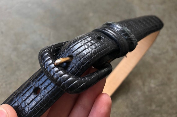 Slim Soft Thick Black Leather Belt Embossed Toole… - image 2