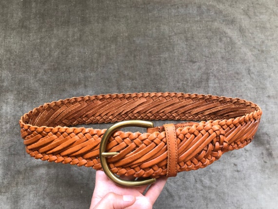 Vintage Wide Woven Tan Brown Leather Belt Braided… - image 4