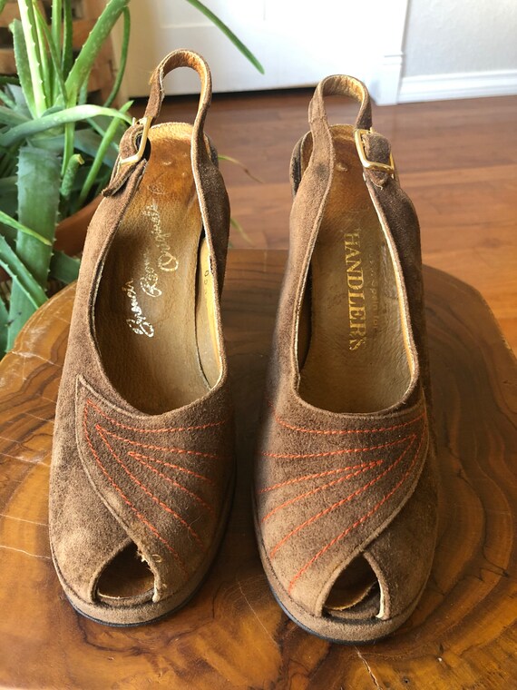 70s Brown Suede Leather Peeptoe Platform Sandals … - image 3