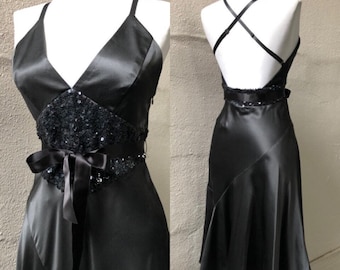 Charcoal Silk Satin Charmeuse Halter Slip Gown 90s Chemise 4 S 1990s Vintage Mini Dress Halter Dark Gray Open Back Flared Sequined Sparkly