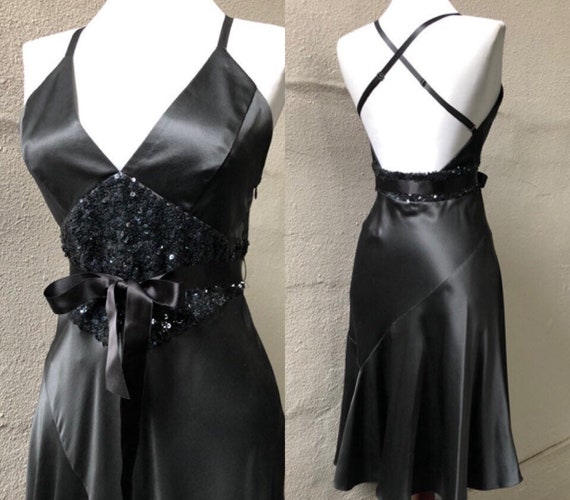 Charcoal Silk Satin Charmeuse Halter Slip Gown 90… - image 1