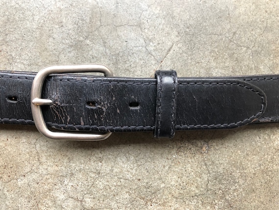 90s Rustic Heavy Black Leather Distressed Black Belt Steel