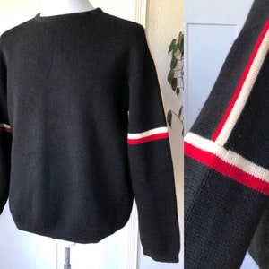 70s Mens French Montant Made in France Vintage 1970s Wool Acrylic Knit Black Ivory Red Sporty Striped Pullover Sweater 1960s 60s 1980s 80s