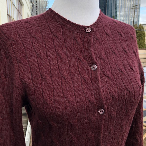 Cashmere Dress Knit Long Cardigan Sweater Burgundy Merlot Dark Maroon Red Purple Rib Ribbed sz S Ralph Lauren Black Label Gown Button Front