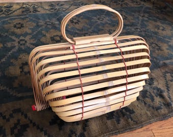1940s Bamboo Bent Wood Cage Bag Purse Handbag Tote Retro 40s 1950s Boho MCM Woven Tropical Vintage Japan Round Mid Century Beach Basket