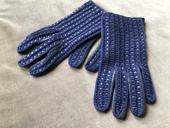 Midnight Blue Leather Woven Crochet Lacy Wrist Gl… - image 5