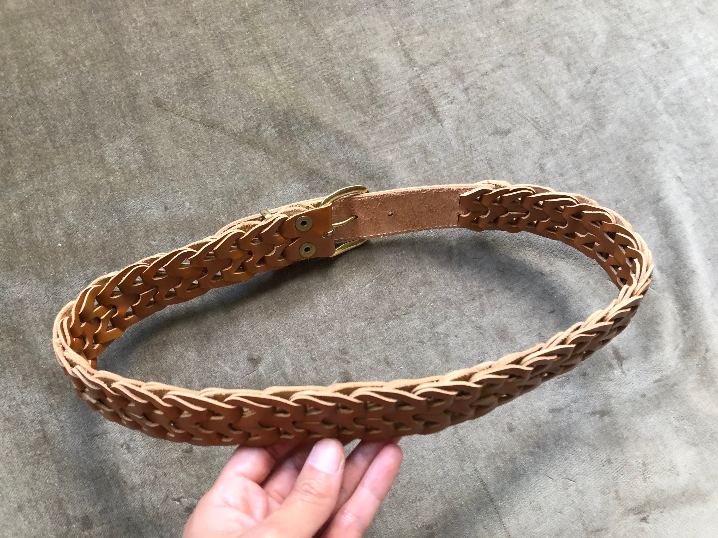 70s Tan Peanut Butter Brown Leather Woven Wide Belt Chain 