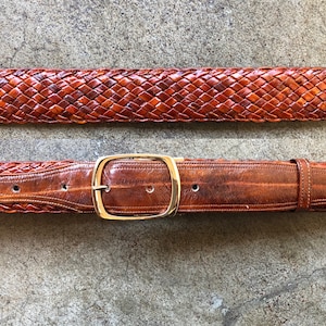 70s 80s Eelskin Woven Rust Brown Eel Skin Leather Woven Belt M L XL 33 34 35 36 Waist Retro Boho 1970s 1980s Braided Vintage Gold Buckle