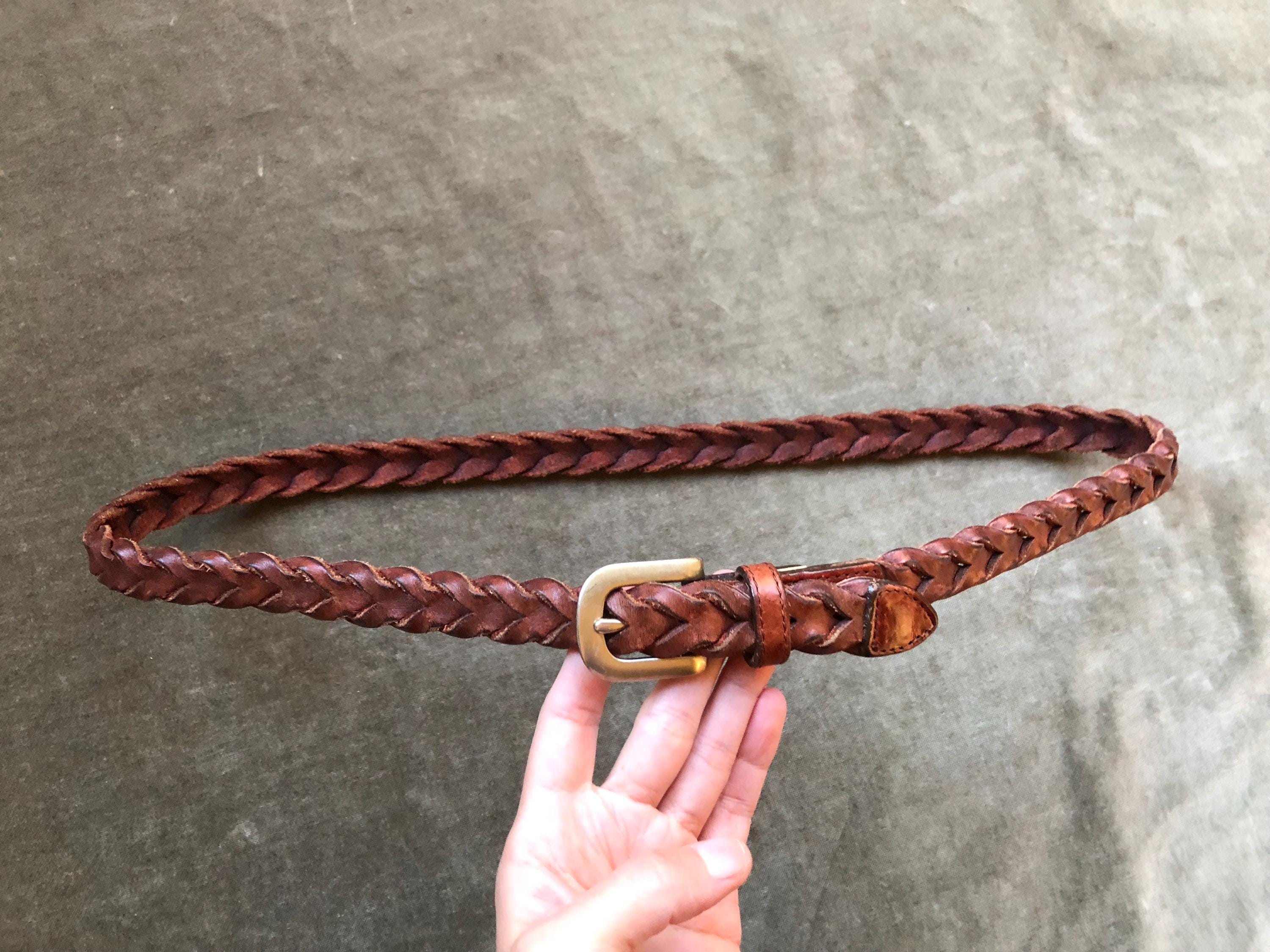 90s Rustic Brown Leather Skinny Braided Woven Rope Belt Aged 