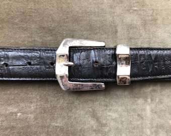 Trafalgar Black Croc Embossed Leather Trouser Belt Vintage 36 38 40 42 Waist M L XL Vintage Mens Dress Silver Chunky Buckle Western Italy