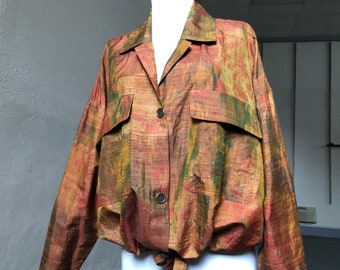 Shimmery Silk Iridescent Ikat Tiedye Woven Blouse Top Button Shirt Tunic Jacket Boxy 1990s 90s M L XL Dupioni Shantung Vintage Copper Olive