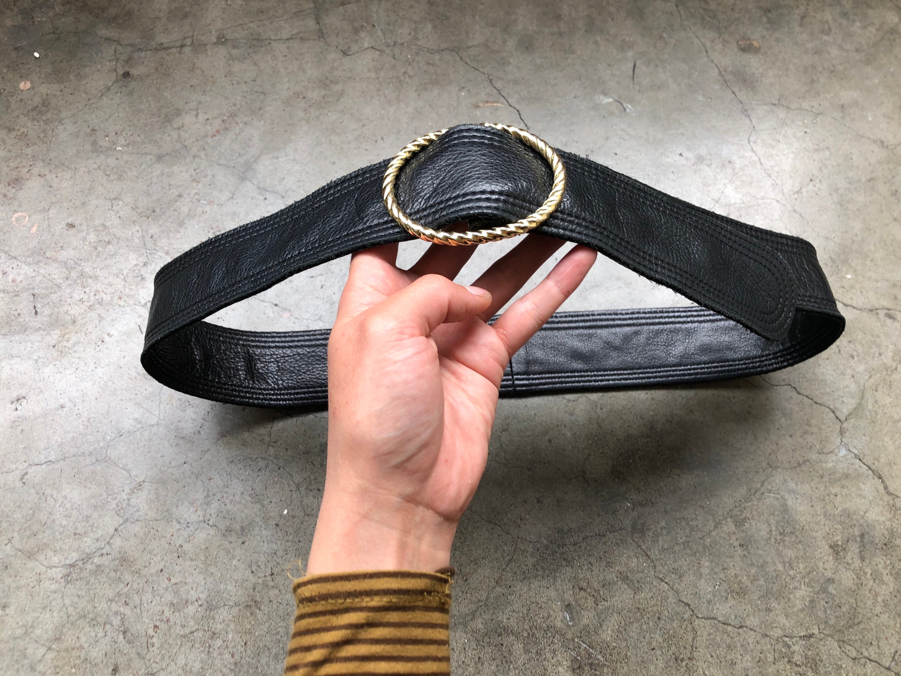 Vintage 80s 90s Wide Statement Belt Black Leather Gold Buckle Adjustable Disco Make every outfit unforgettable with this vintage black  main image 4