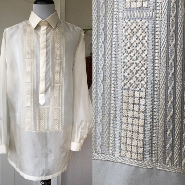 80s 90s Silk Organza Voile Semi Sheer Hand Embroidered Mens Pina Cocoon Barong Tagalog Dress Shirt Size XL 1980s 1990s Vintage Ivory Cream