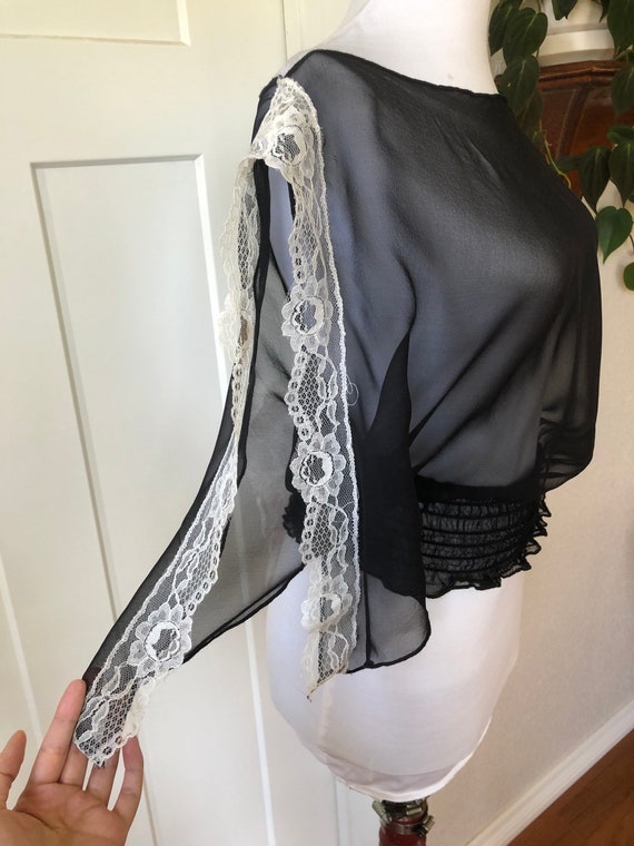 Black Sheer Silk Chiffon Boho Peasant Blouse Vint… - image 2