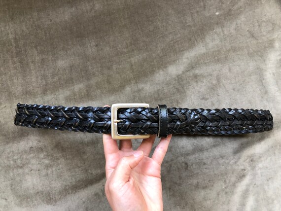 90s Black Leather Woven Belt Unisex sz M L XL 32 … - image 5
