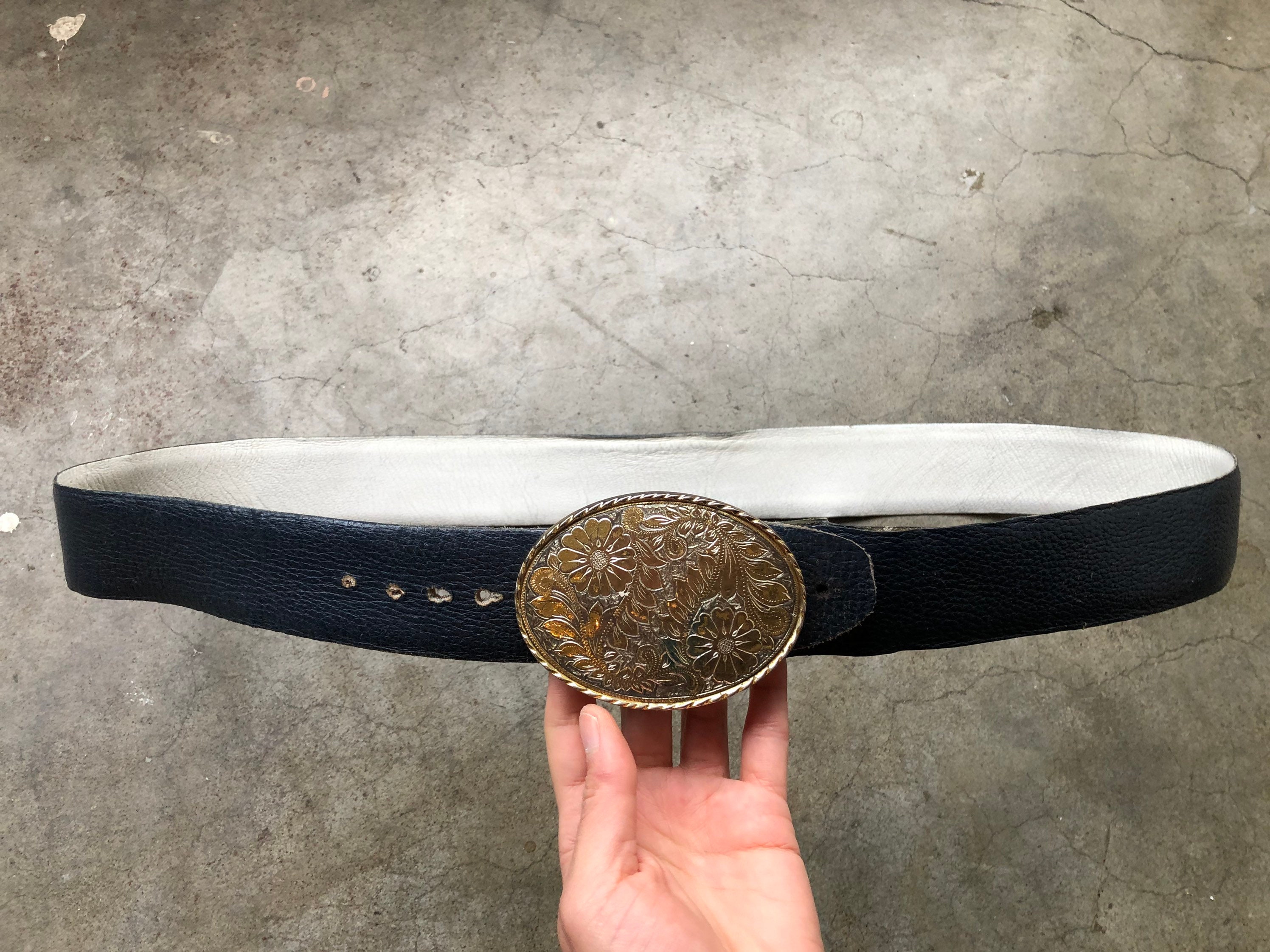 BELT,  BLUE SILVER . LEATHER BOHO STYLE. LARGE 38” Western leather Belt Blue main image 2