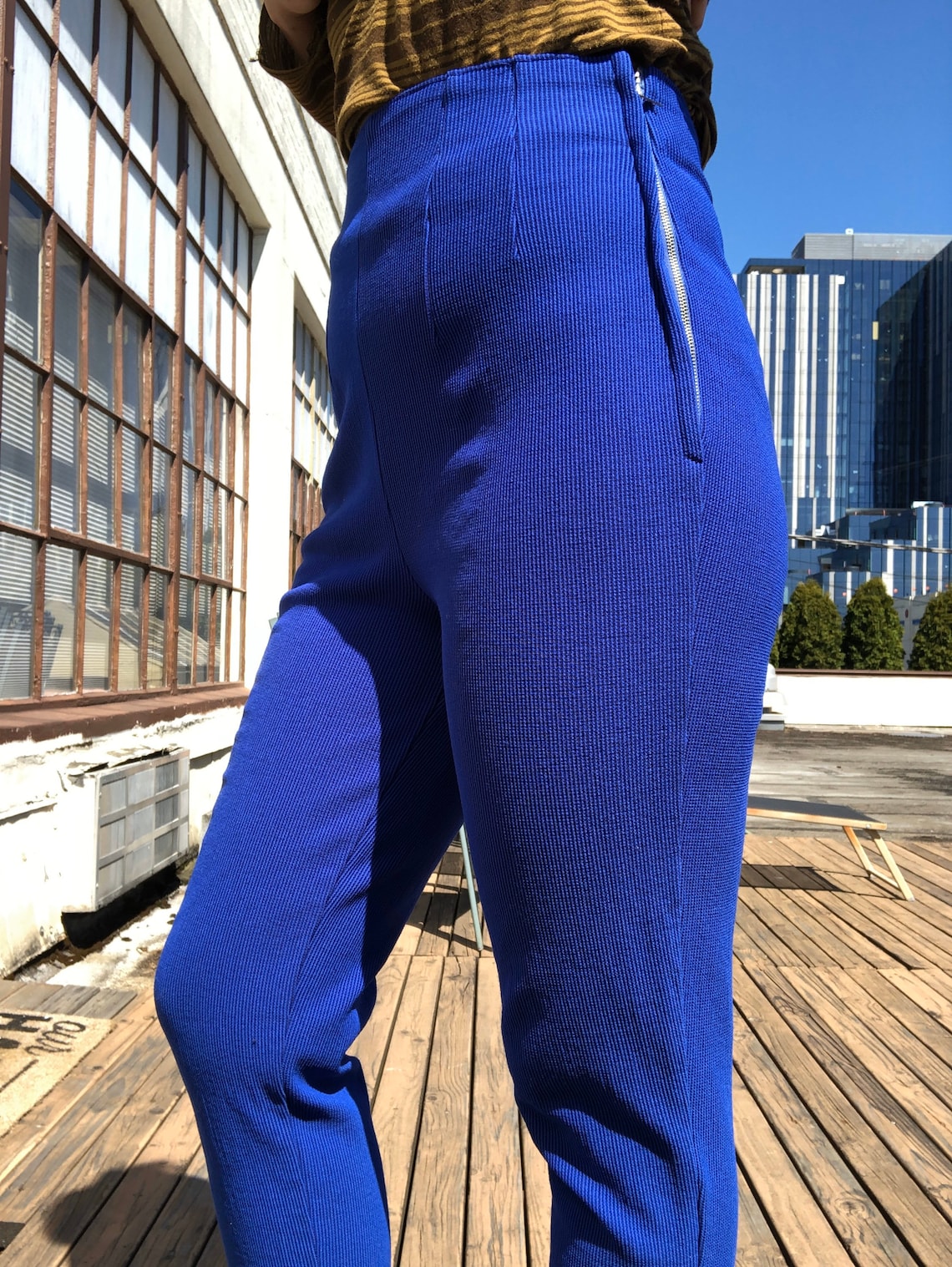 1950s 60s Jantzen High Waisted Bright Electric Blue Wool Blend