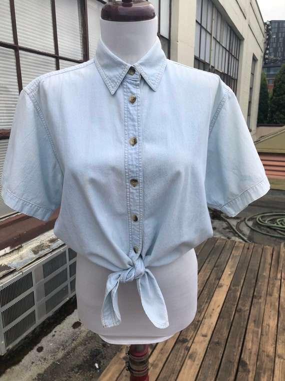 80s Cotton Blue Bleached White Shirt  Denim Boxy … - image 4