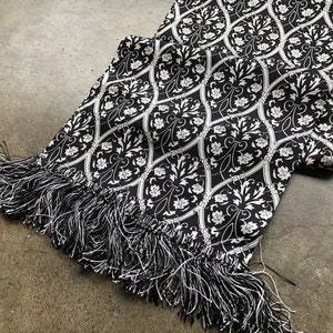 Silk Long Fringed Neck Scarf Silk Twill Contrast Vine Floral Victorian Print Black and White 1990s 90s Vintage Evening Shawl Art Nouveau image 5