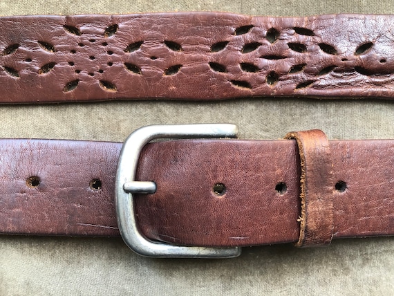 Vintage 90’s Y2K Floral Engraved Silver Tone Buckle & Tooled Brown Leather Belt Vintage Brown Leather Belt: Embossed Floral Design, Silver  main image 2